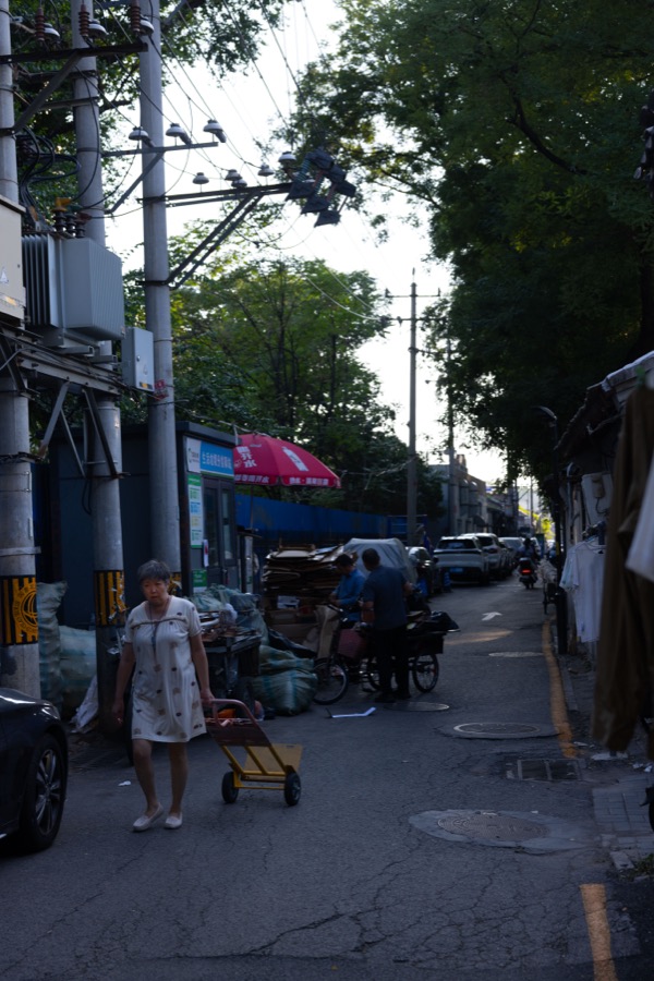 A woman pulls a small yellow cart down a narrow street lined with utility poles and trees.
