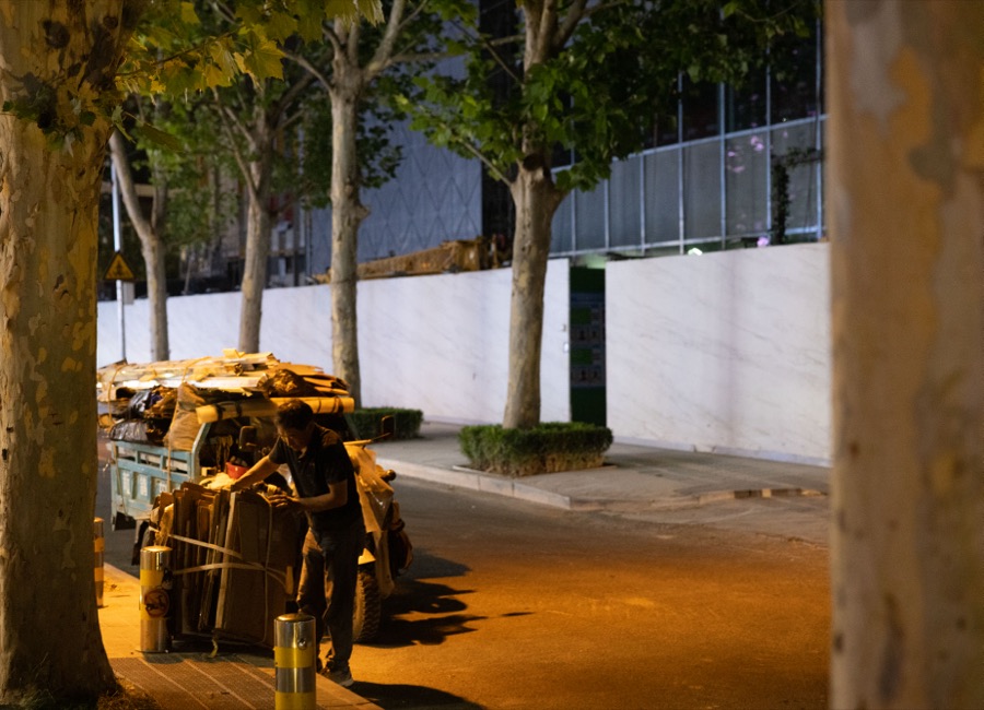 At night, a man ties down a cart piled with cardboard beneath plane trees.