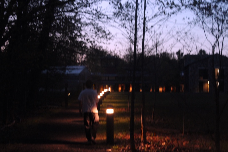 A blurred figure walks at dusk along a path of small glowing lamps toward lit buildings.